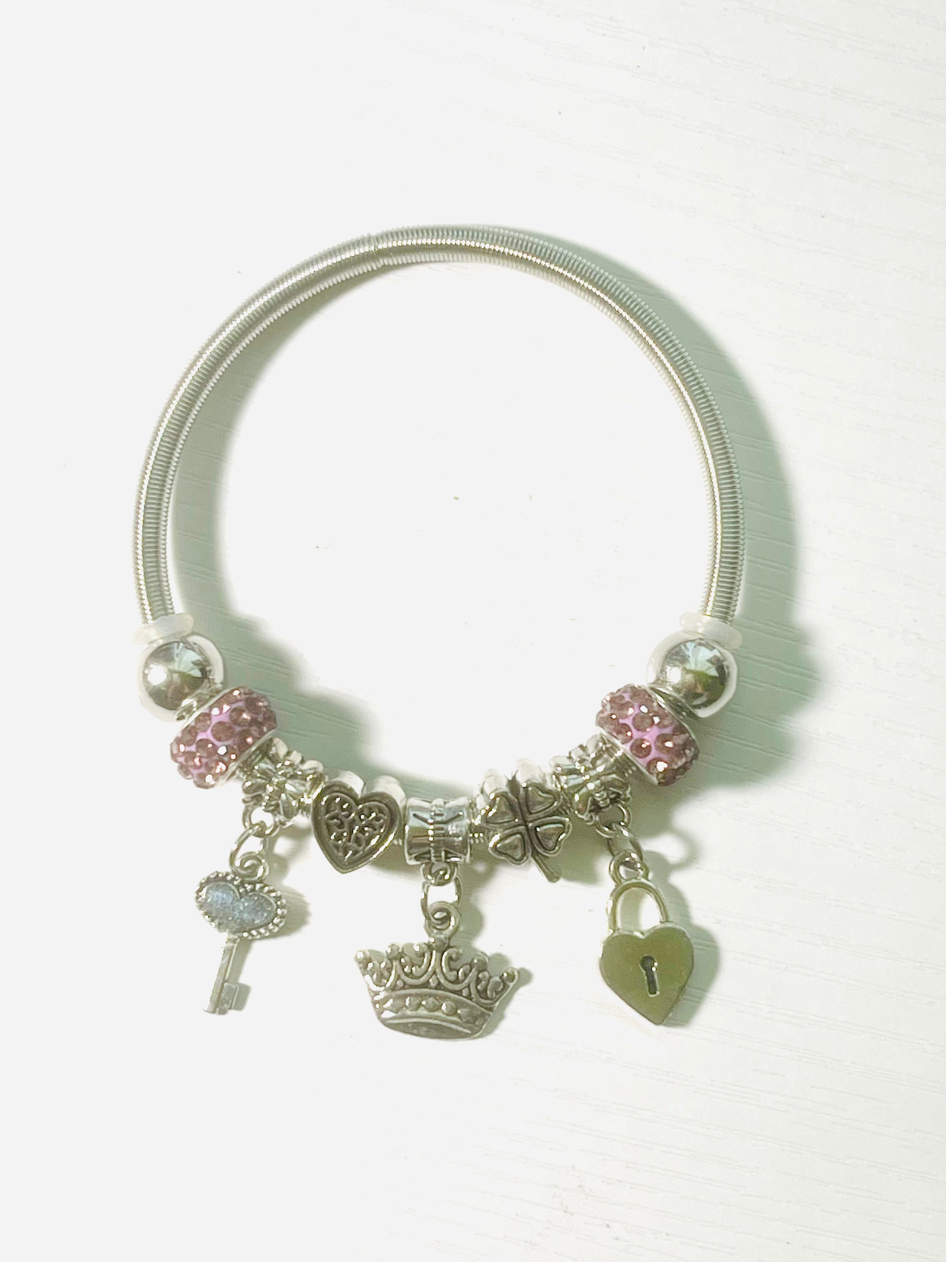 Silver Pink Crown Lock & Key Charm Bracelet